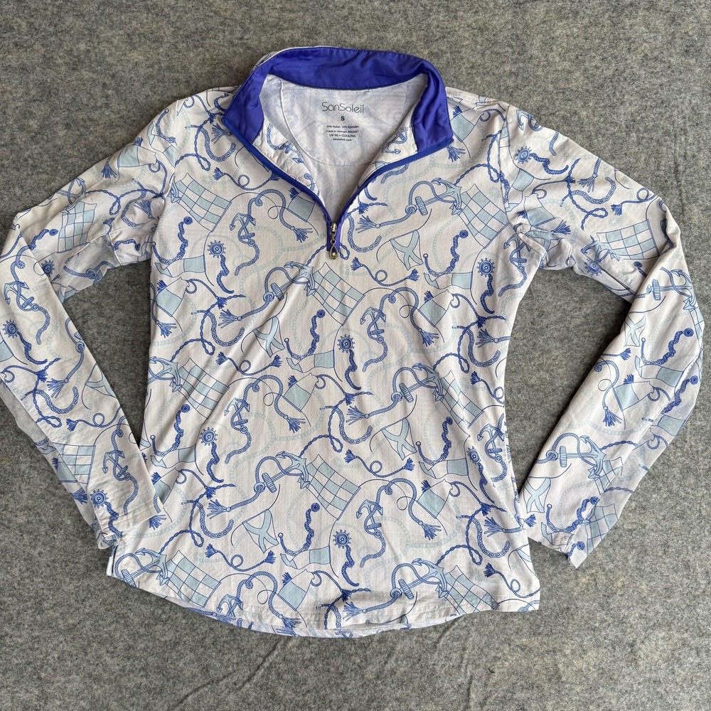 SanSoleil Shirt Womens Small White Blue Quarter Zip Golf UV 50‎ Cooling Sun